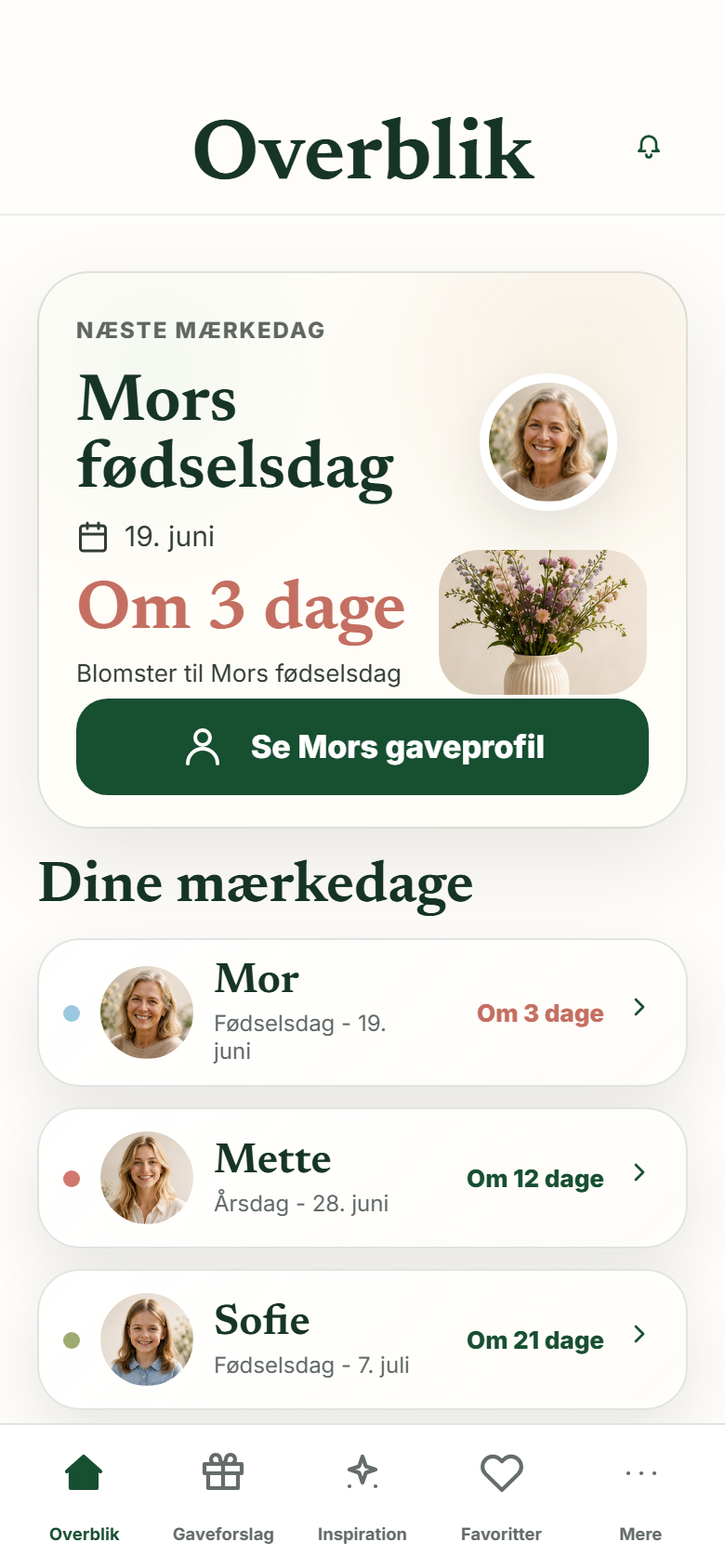 Mærkedagsradar overblik med kommende mærkedage